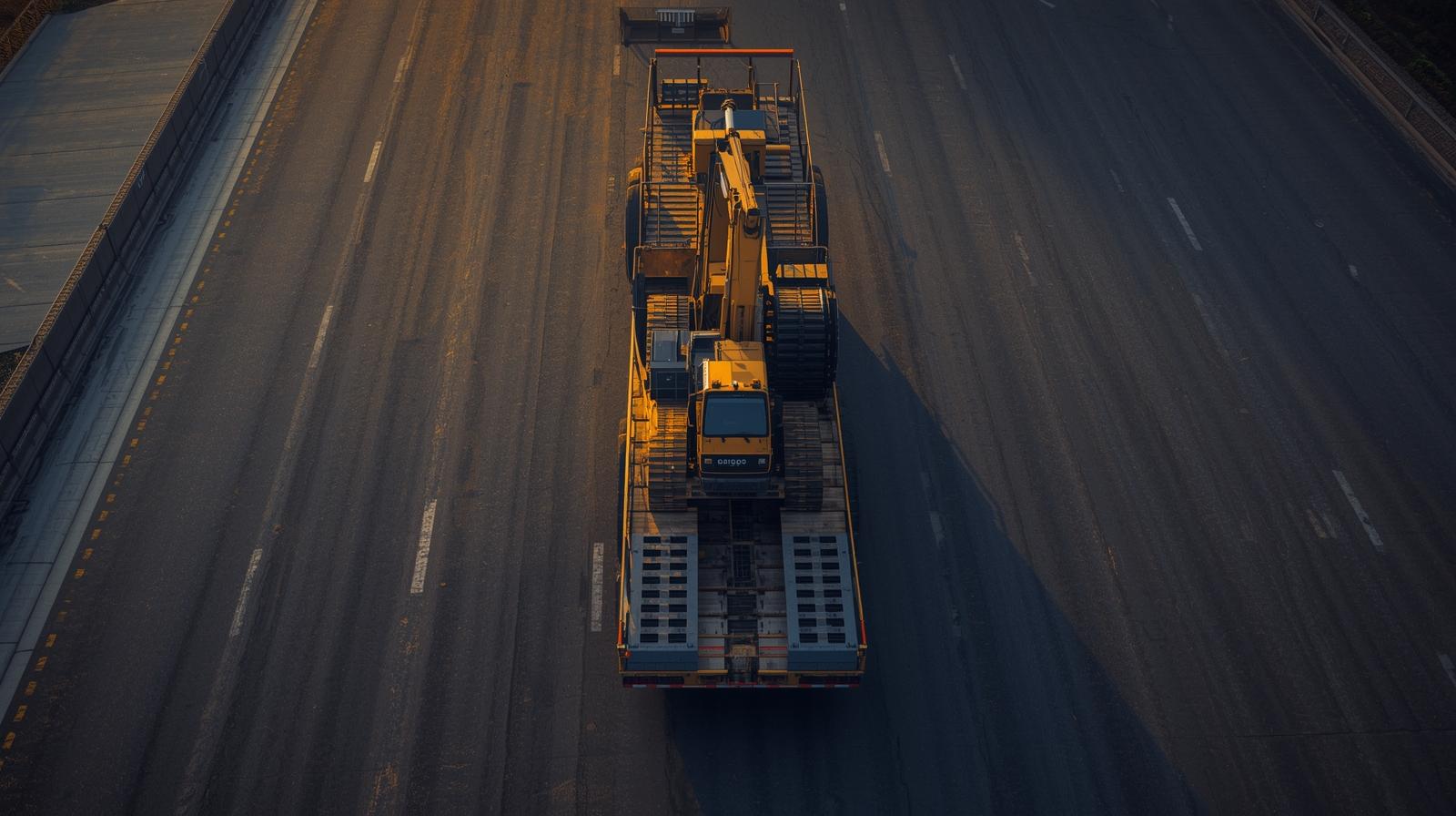 Aerial view of a drop-deck trailer carrying an excavator on a highway at golden hour